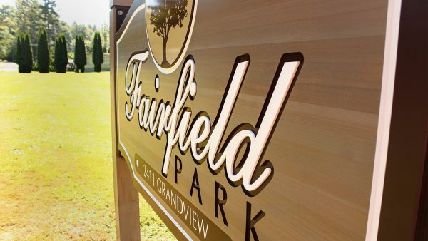 Fairfield Park left to right view of sandblasted wayfinding sign